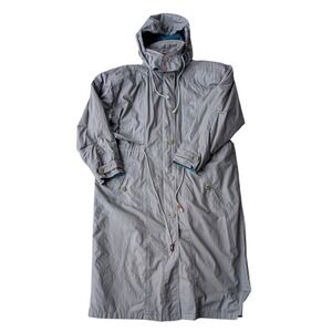 Vtg Fox Run Womens Hooded Trench Coat‎ Gray Full Length Drawstring Lined
